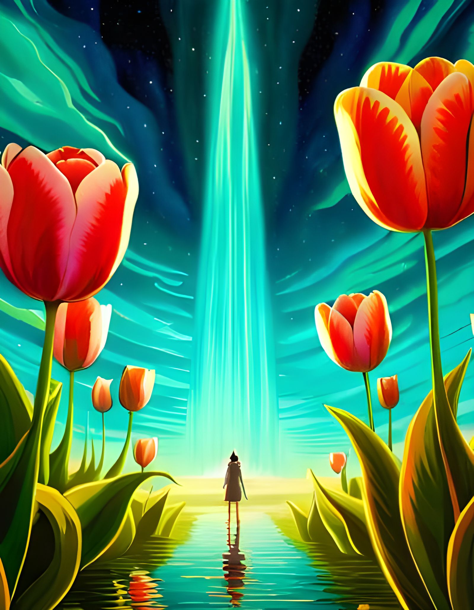 Magic Tulip with Aurora in Synthwave Style