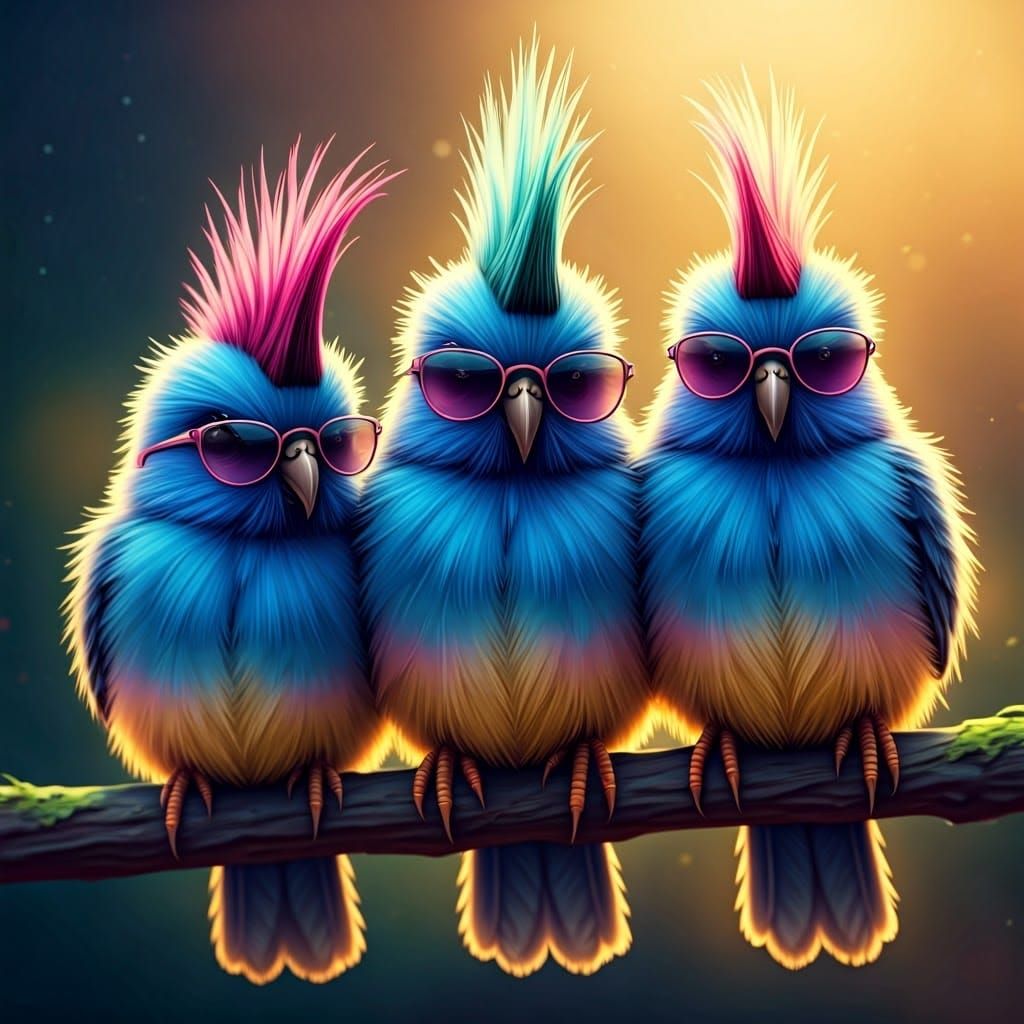 Punk Birds on a Branch: Hyperrealistic Splash Art