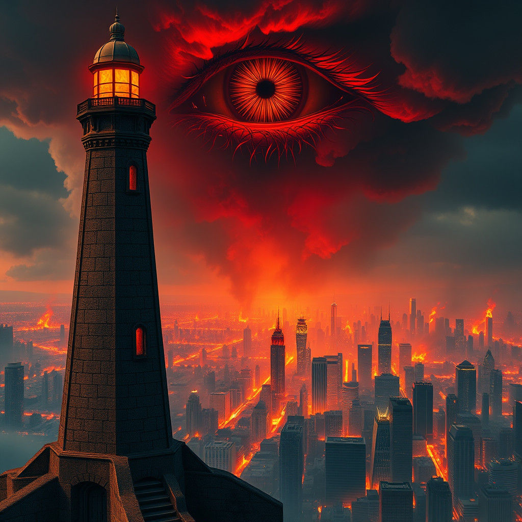 Gothic Lighthouse Over Burning City with Malevolent Eye