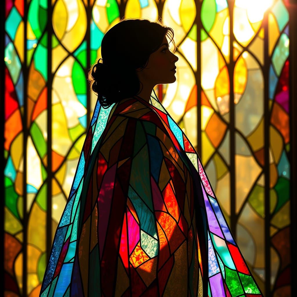 Woman in Vibrant Stained Glass Robes, Art Nouveau Style
