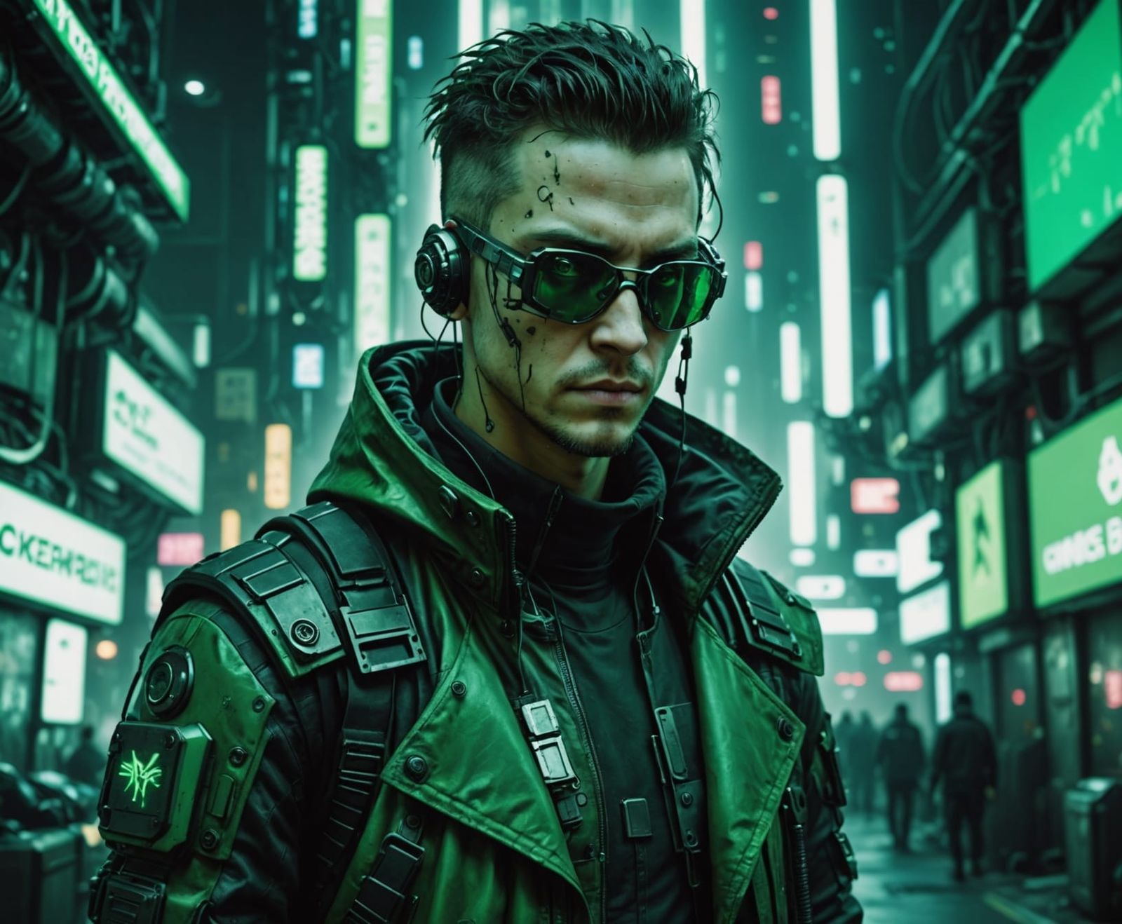 Monochromatic Cyberpunk Cityscape in Vivid Green