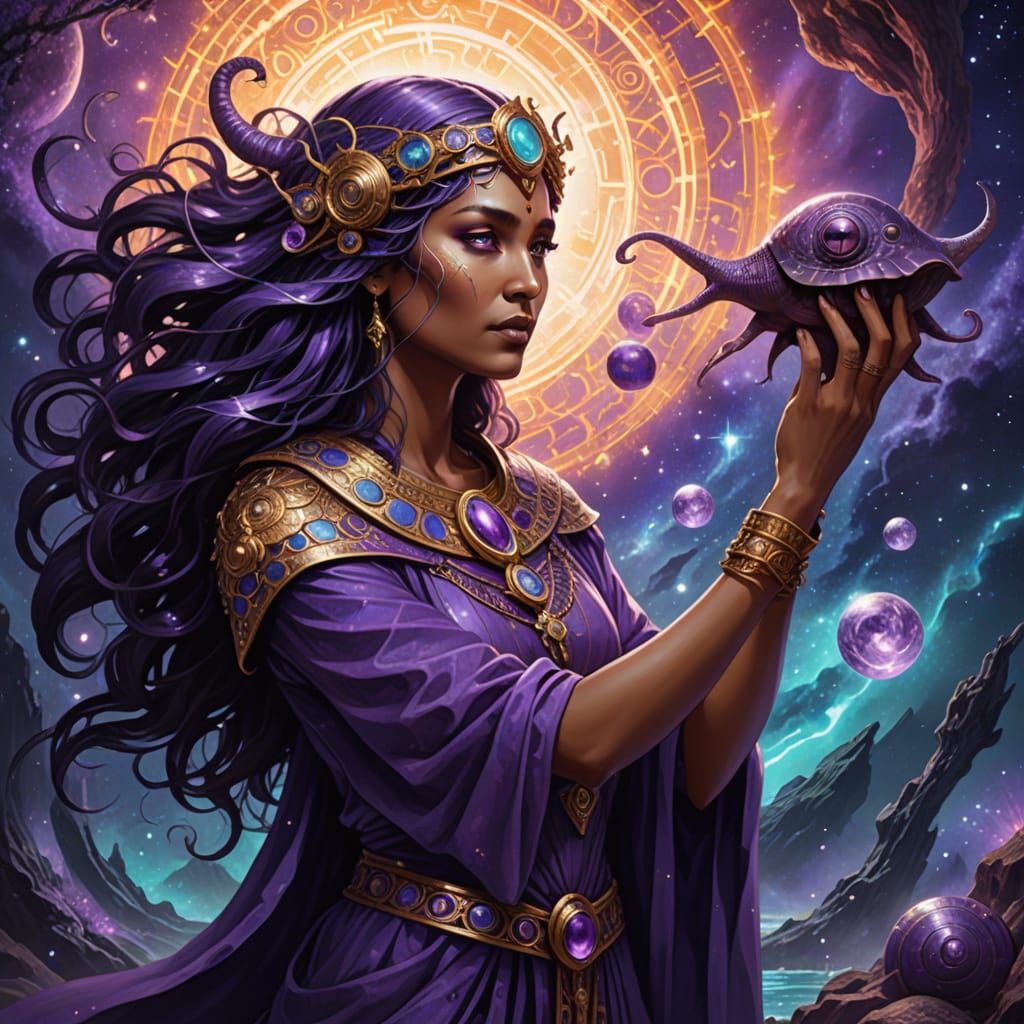 Mythical Goddess Plays Cosmic Kitharra with Vibrant Purple E...