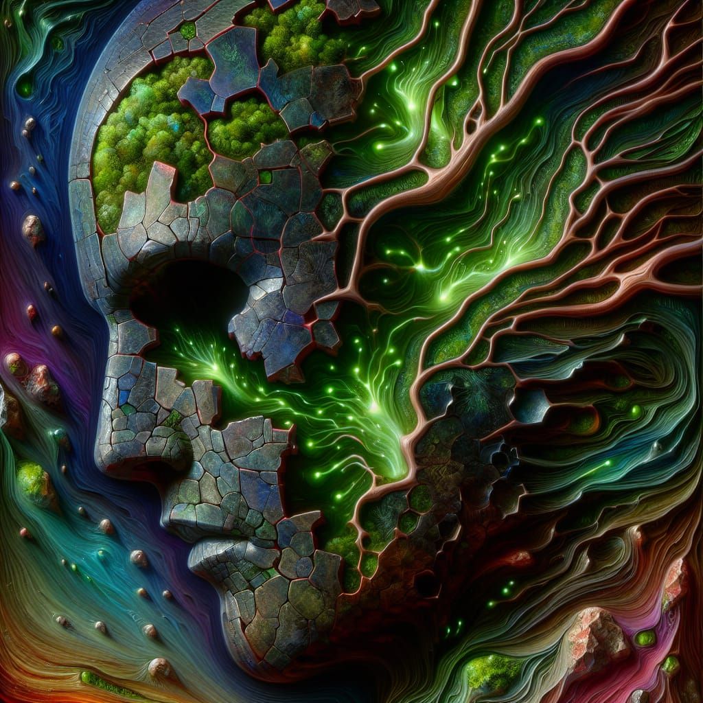 Fractured Obsidian Mask Reveals Bioluminescent Circuitry