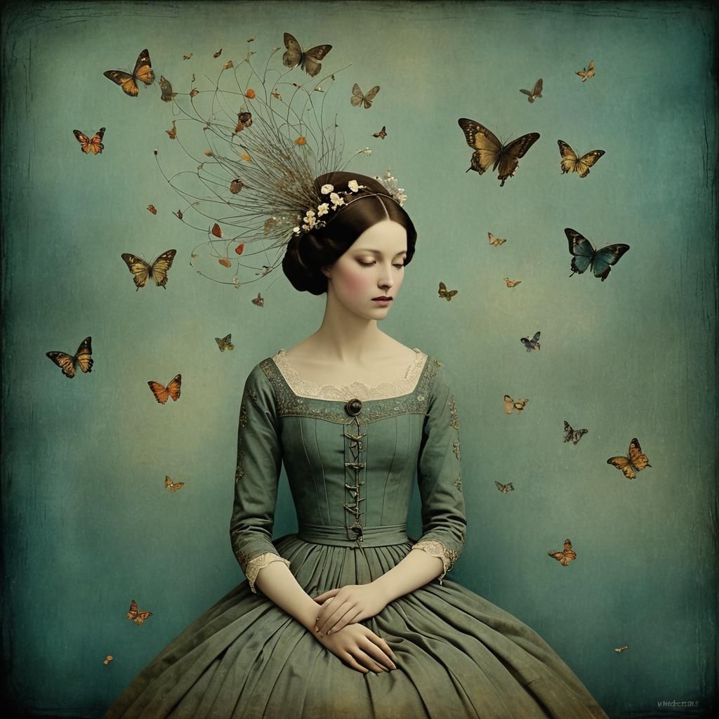 Introspective Woman in Surreal Collage Art