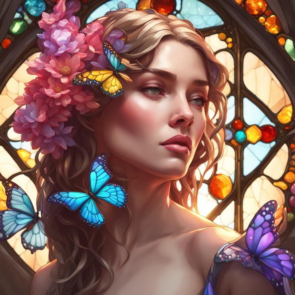 Jeweled Butterfly Portrait with Stained Glass Flowers