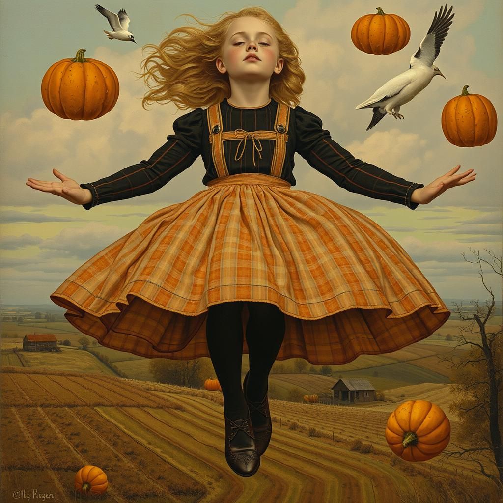 Girl Descending with Pumpkins in Vintage Illustration Style