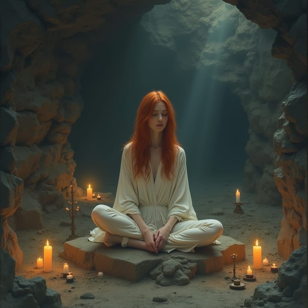 Mystical Redhead Contemplation in a Cave of Whispers