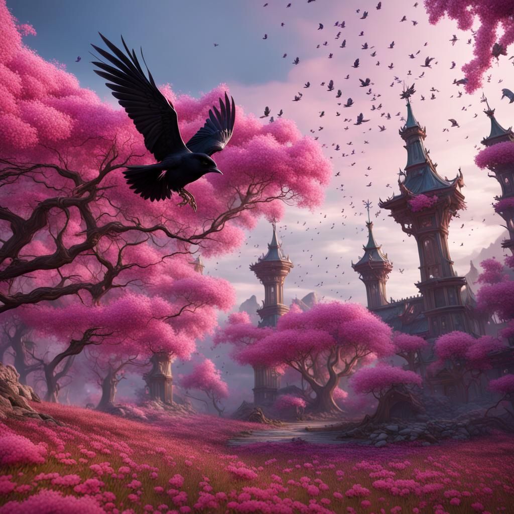 Ravens Flying Around Pink Flowered Trees: Detailed Matte Pai...