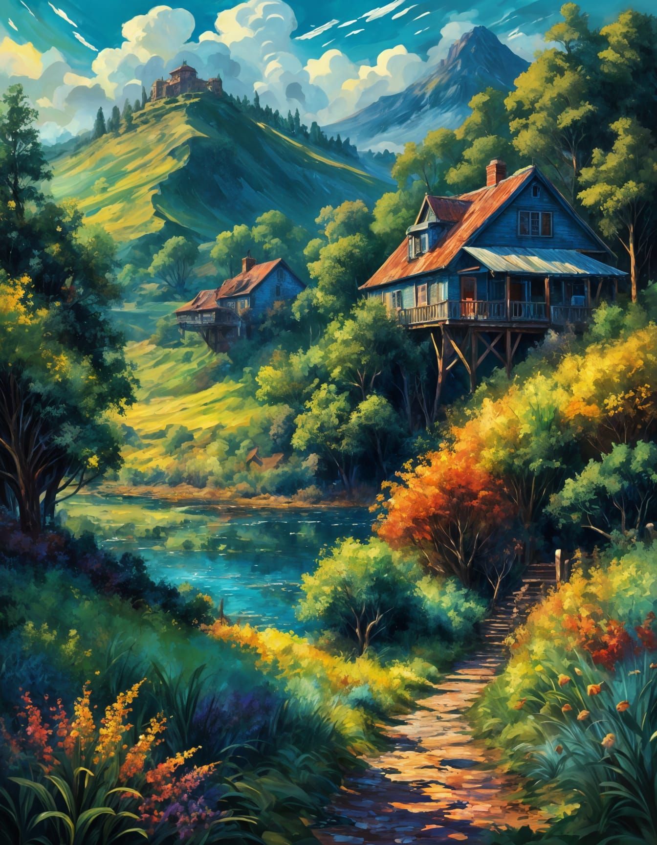 Colorful Autumn Landscape in Expressionist Oil Painting