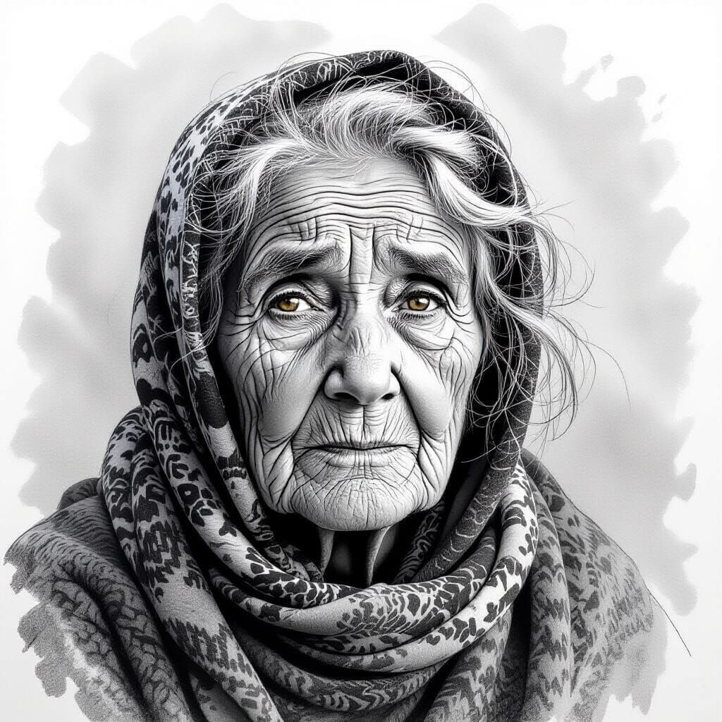 Kind Old Woman in Sepia Ink Drawing