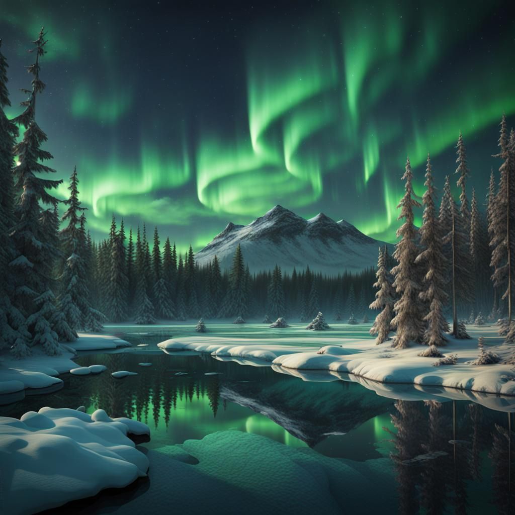 Northern Lights Over Taiga Lake: Digital Matte Painting