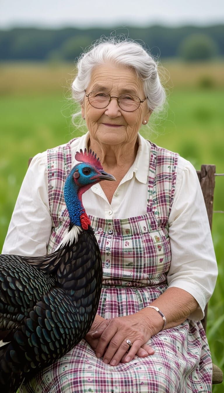 European Grandmother with Ostrich in Field
