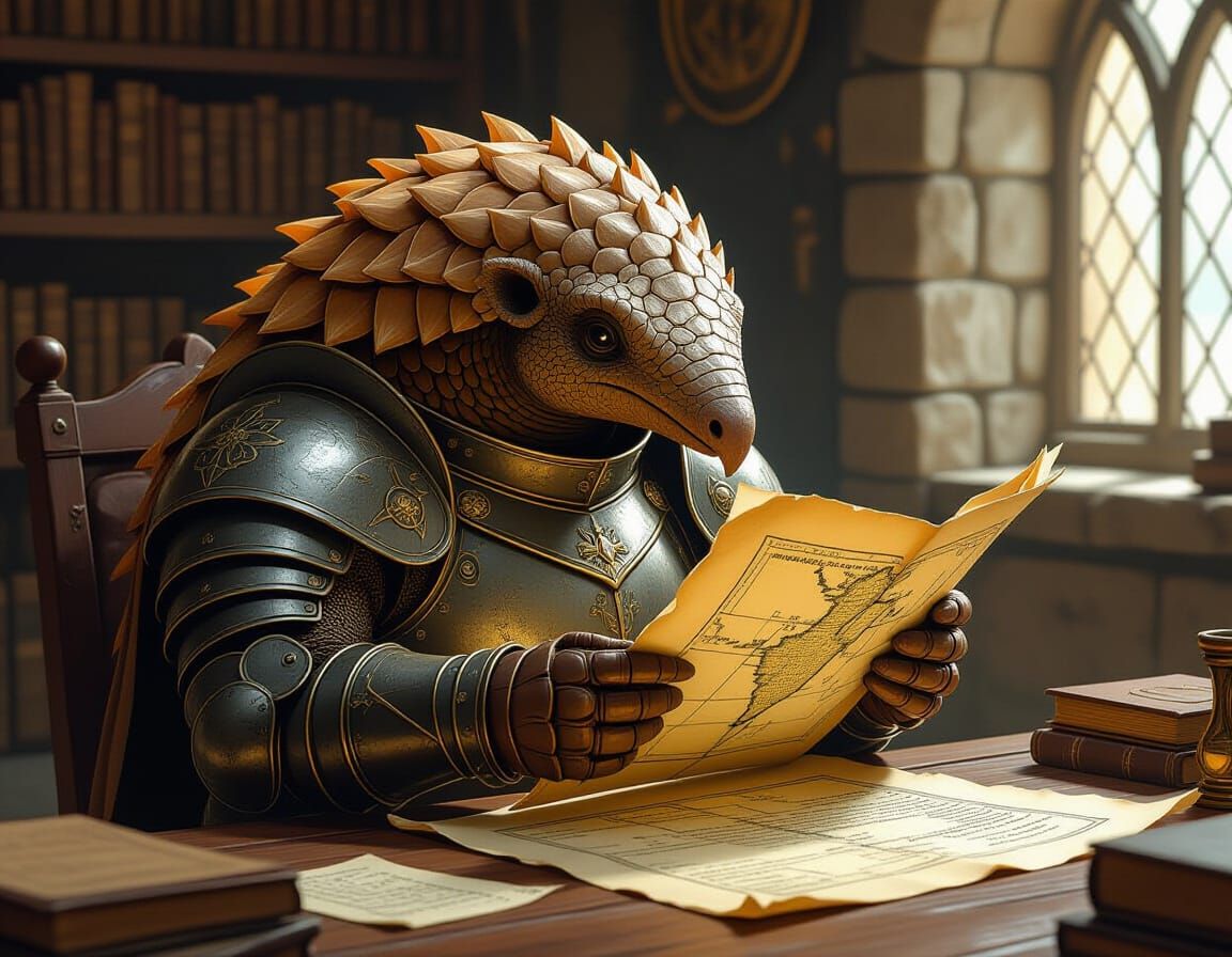 Armored Pangolin Studies Map in Medieval Chamber