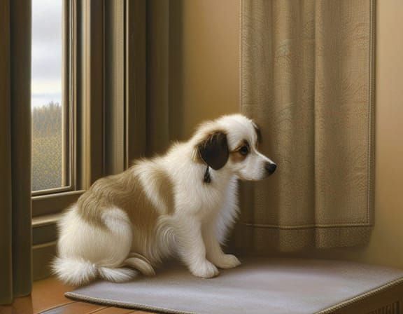 16k resolution, cute sweet gentle puppy dog laying down, bright shiny eyes, big floppy ears, super fluffy and well-groom...