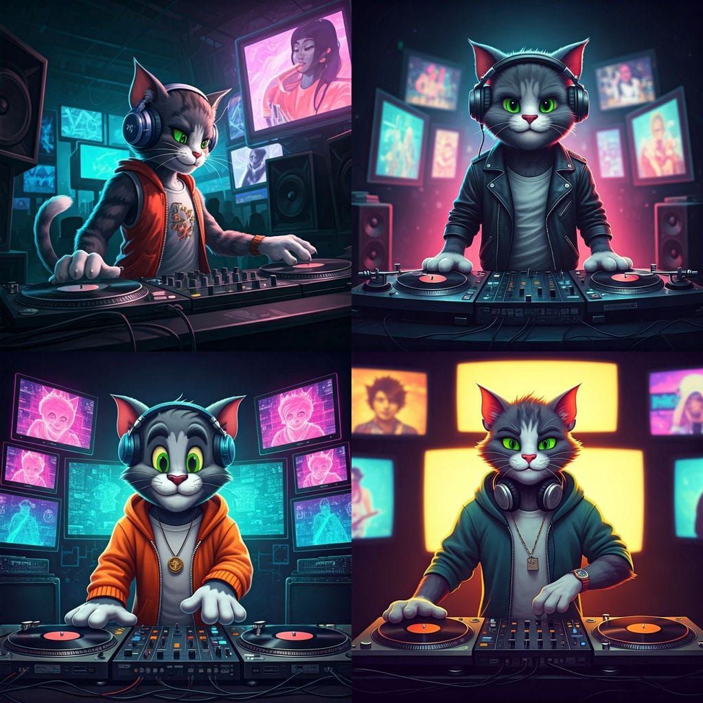 Anthropomorphic Cat DJ at Turntable in Digital Painting