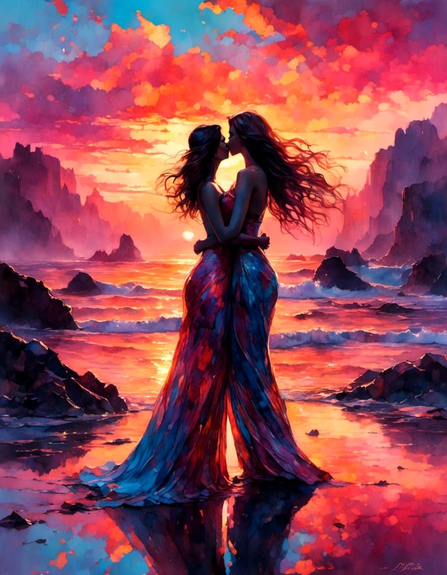 Vibrant Lesbian Couple's Portrait at Sunset
