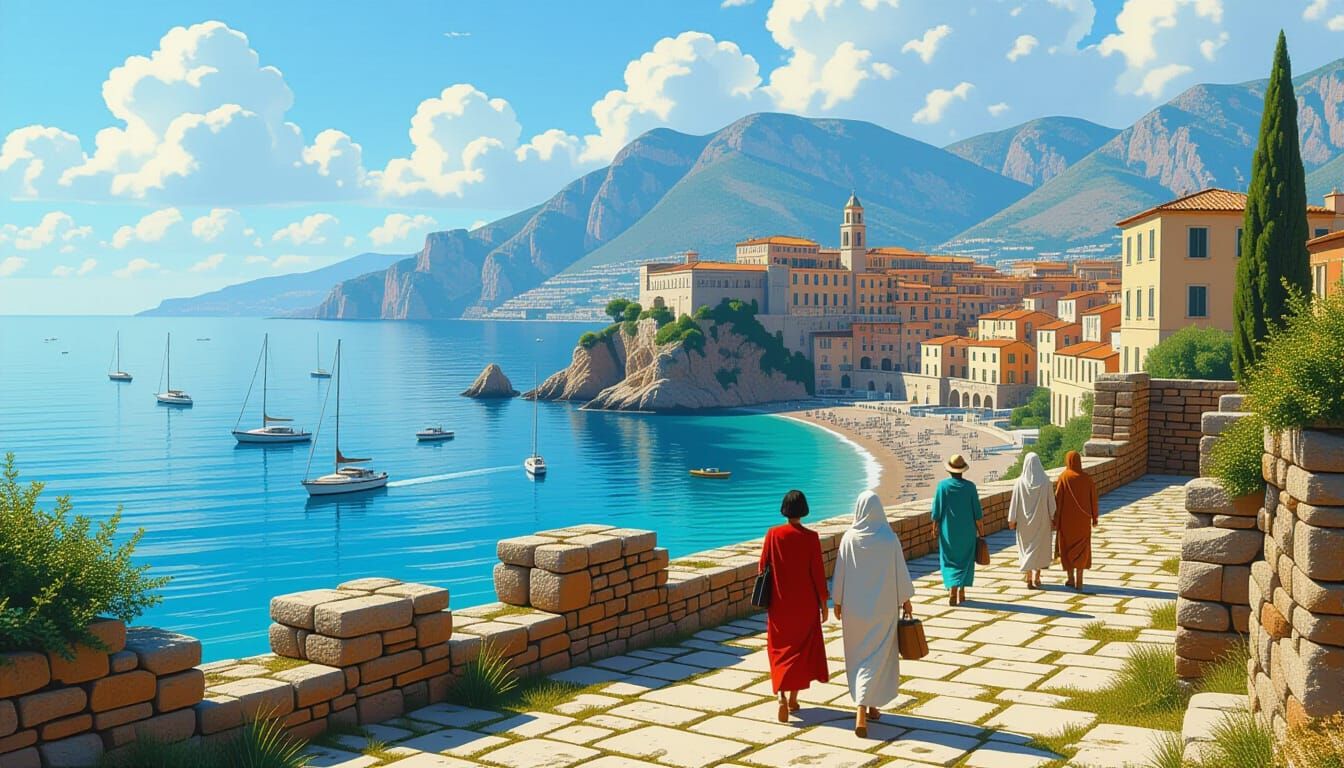 Roman Ruins Visited by Tourists: Anime Art