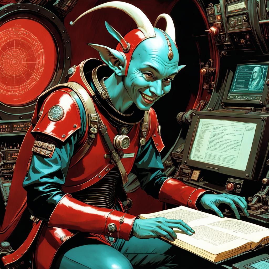 Teal Goblin Scientists Study Languages: Art Nouveau Style