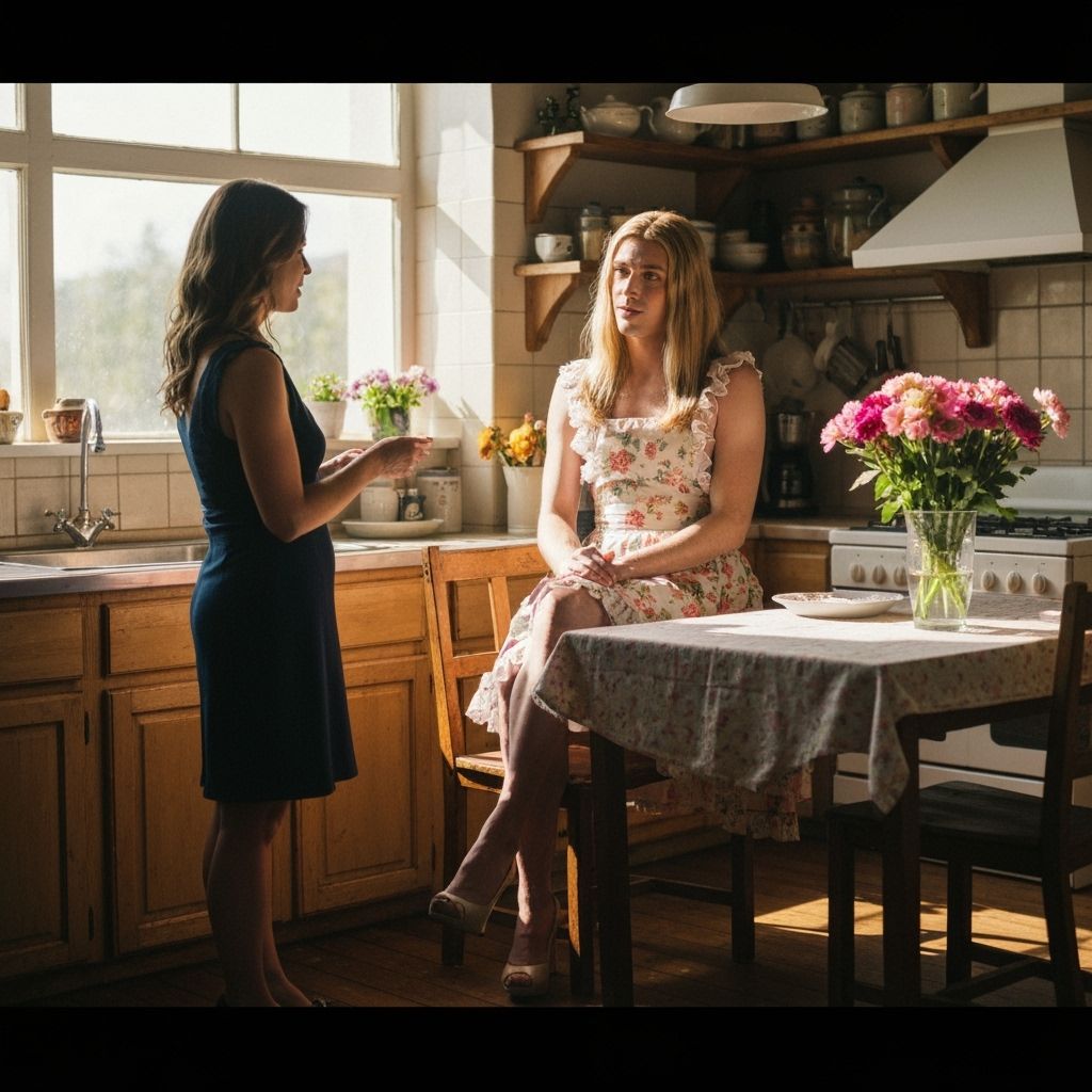 Cozy Kitchen Scene: Woman Talks to Crossdressing Man