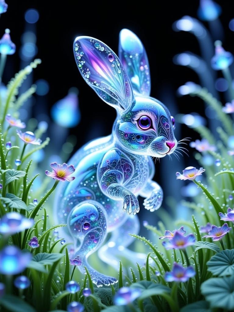 Crystal Rabbit Amidst Bioluminescent Flora