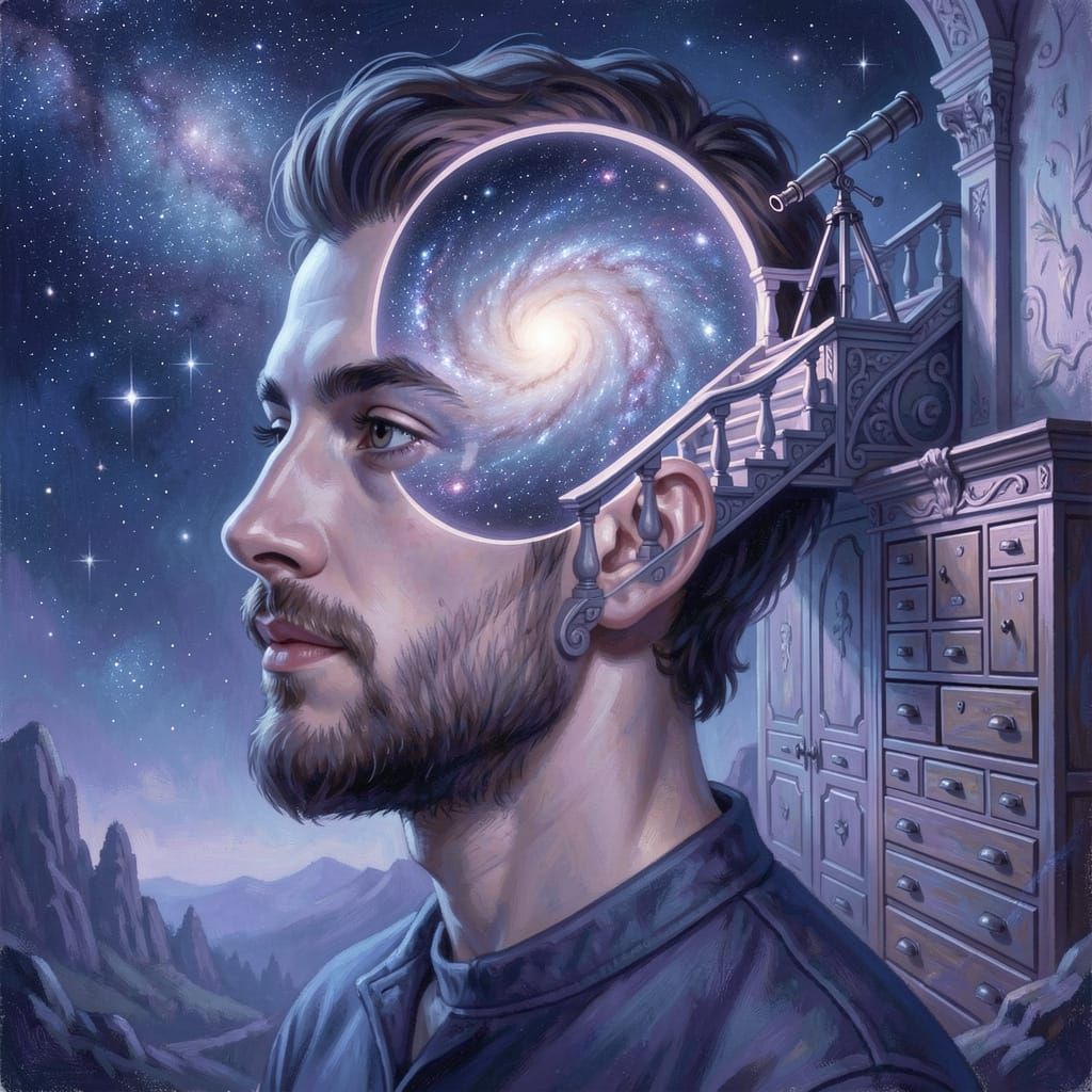 Androgynous Man's Head Opens to Reveal Galaxy, Surreal Digit...