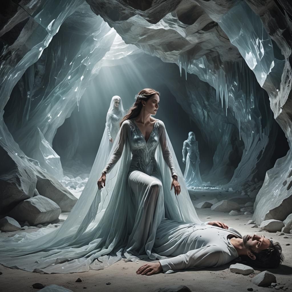 Ethereal Woman Watches Over Man in Crystal Cave