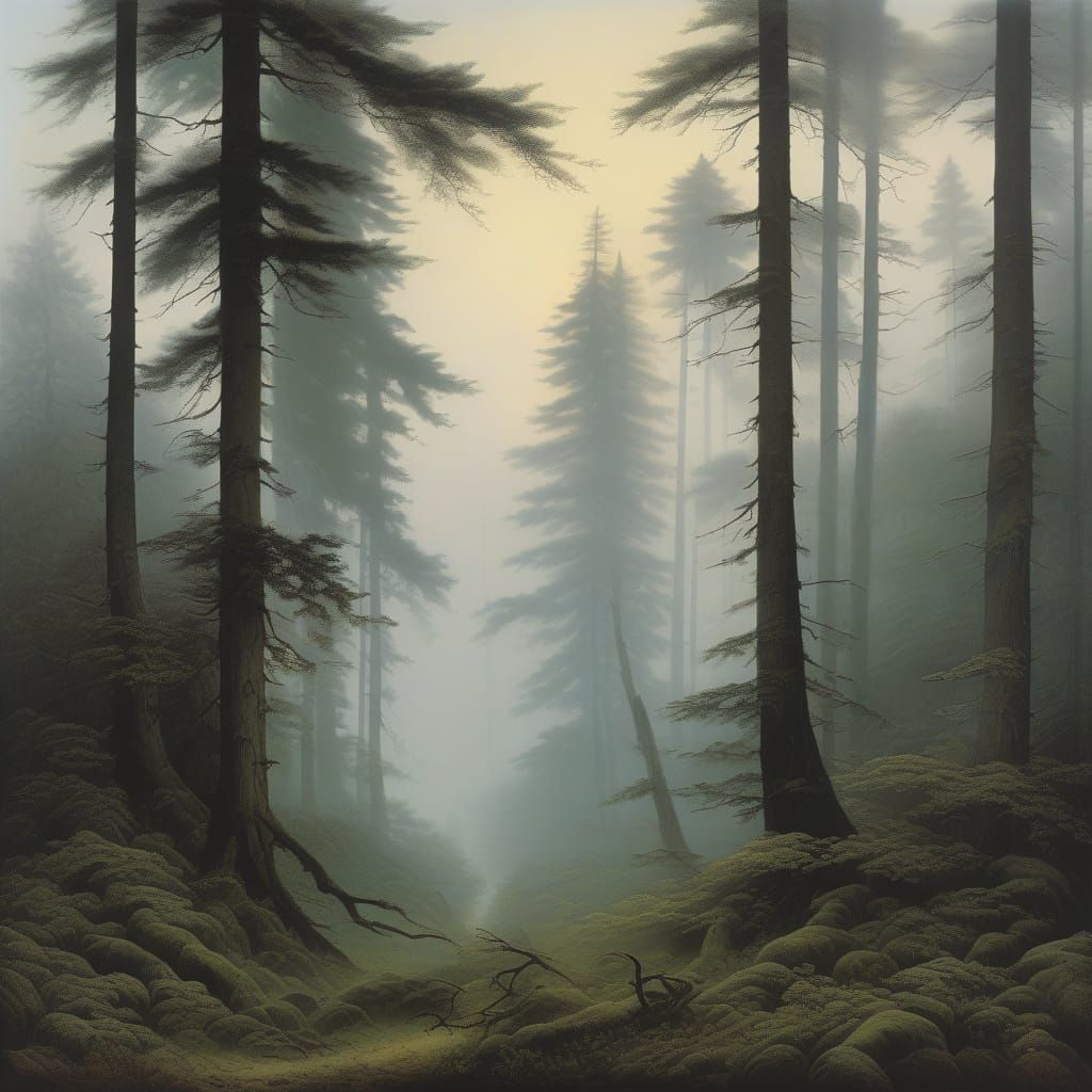 Misty Forest Landscape in Romanticist Style