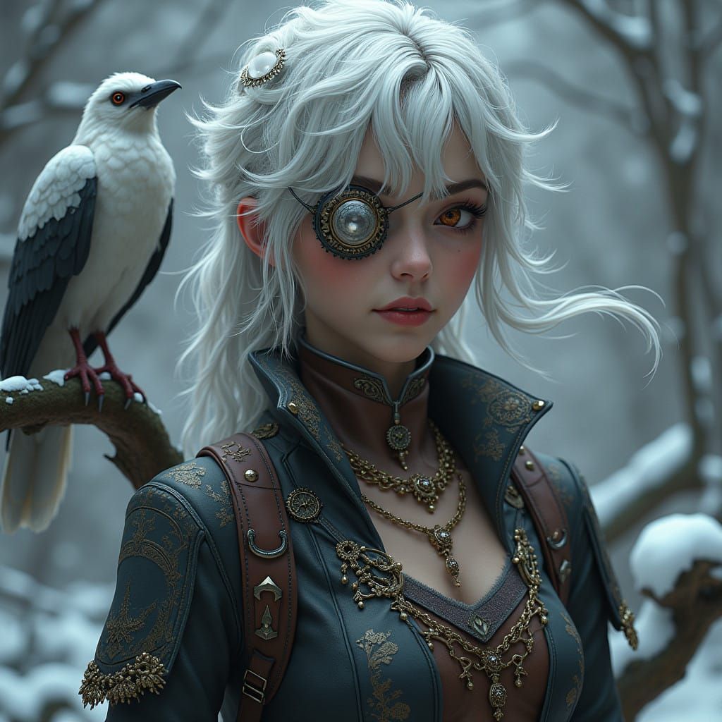 Steampunk Woman with an eye patch with long windswept white and silver hair wearing a leather jacket with brass embellis...