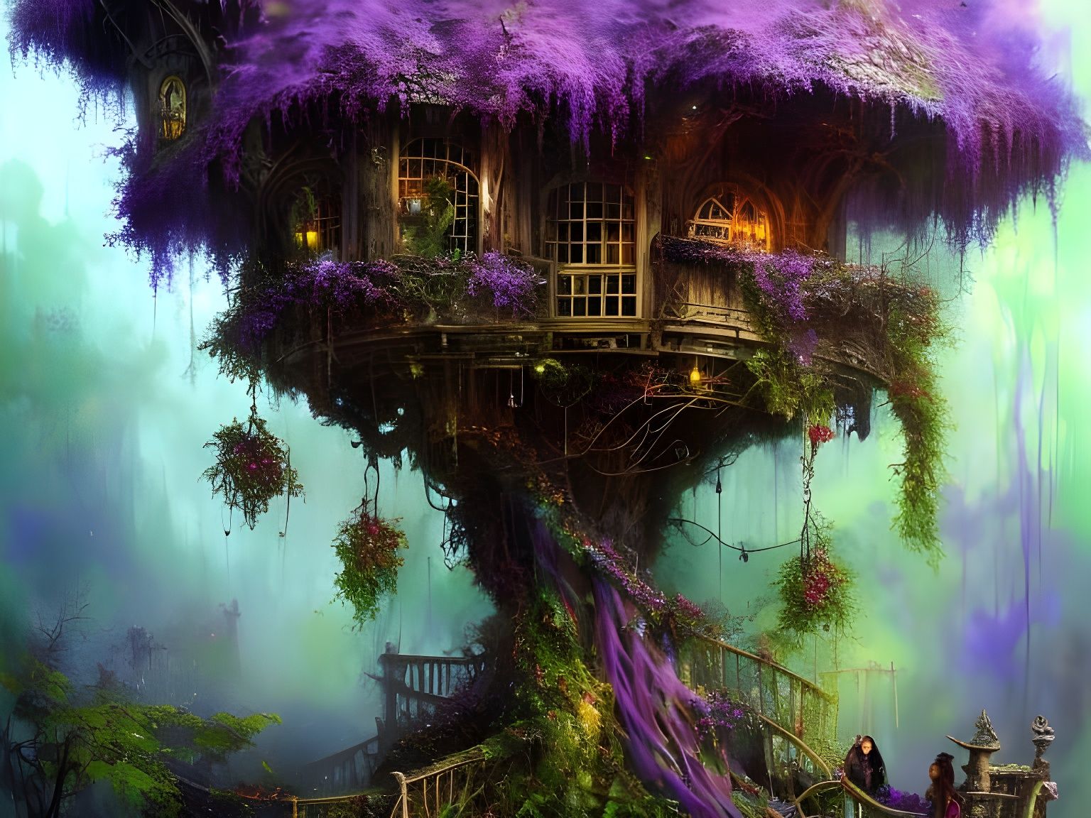Fantasy Fairy Treehouse with Grapevines, Airbrush Illustrati...