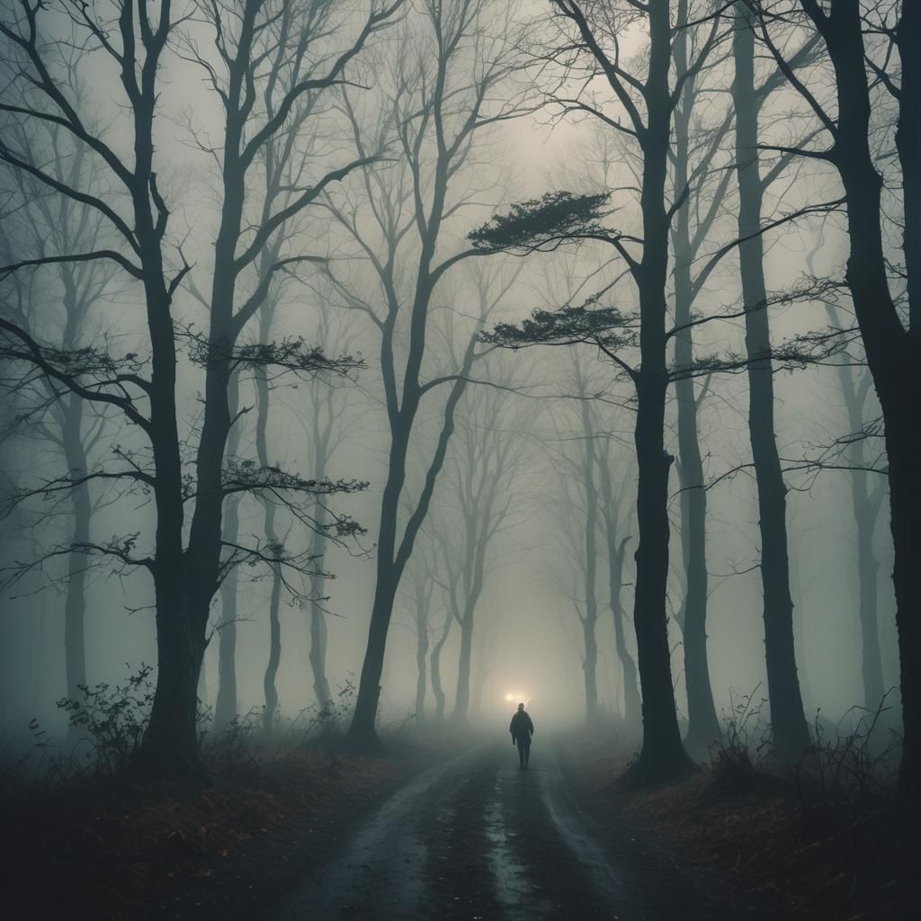 Mysterious Shadow in Dense Fog: Cinematic Film Still