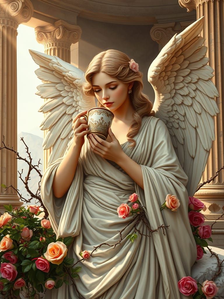 Angelic Coffee Break Amidst Ancient Ruins