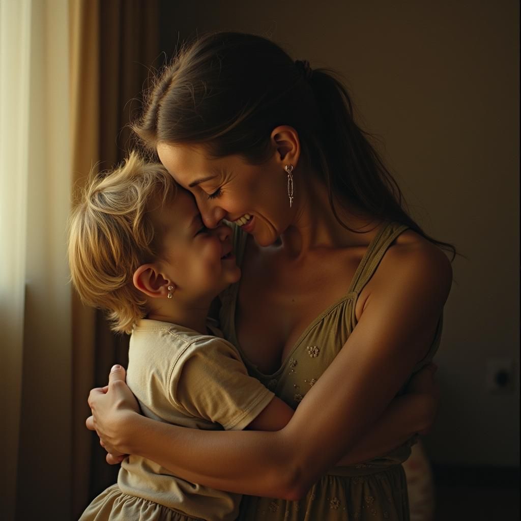 Warm Embrace: Mother and Son in Golden Light