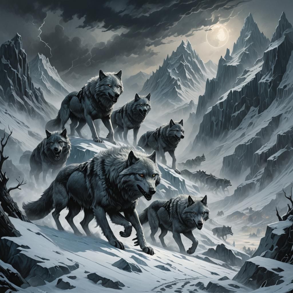 Frost Wolves Hunting in Dark Fantasy Landscape