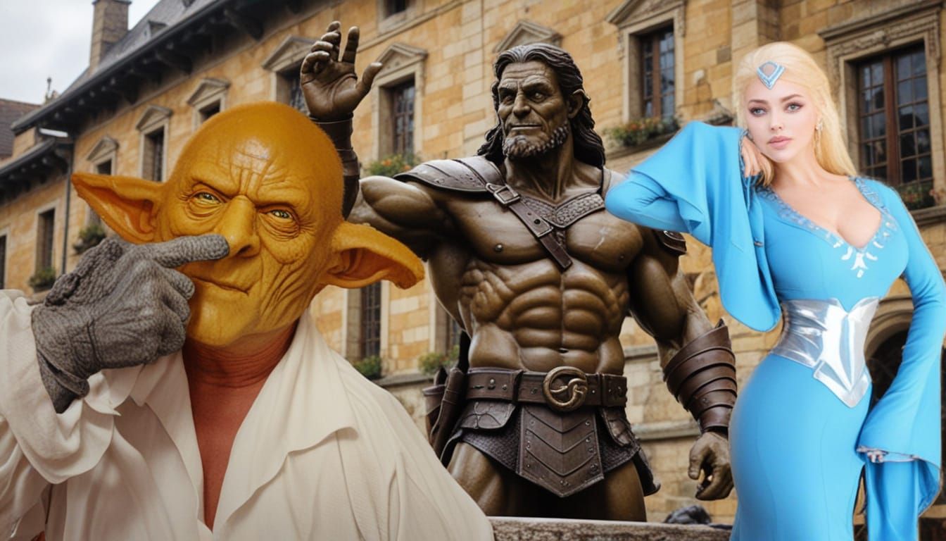 Sorceress and Goblin Stand Before Heroic Statue in Front of ...