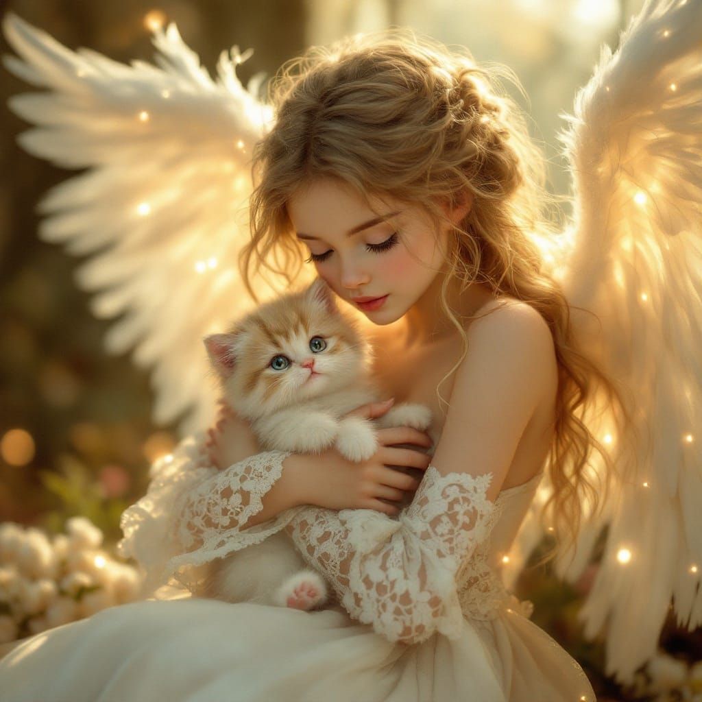 Angel Tenderly Holds a Ragdoll Kitten in Soft, Ethereal Ligh...