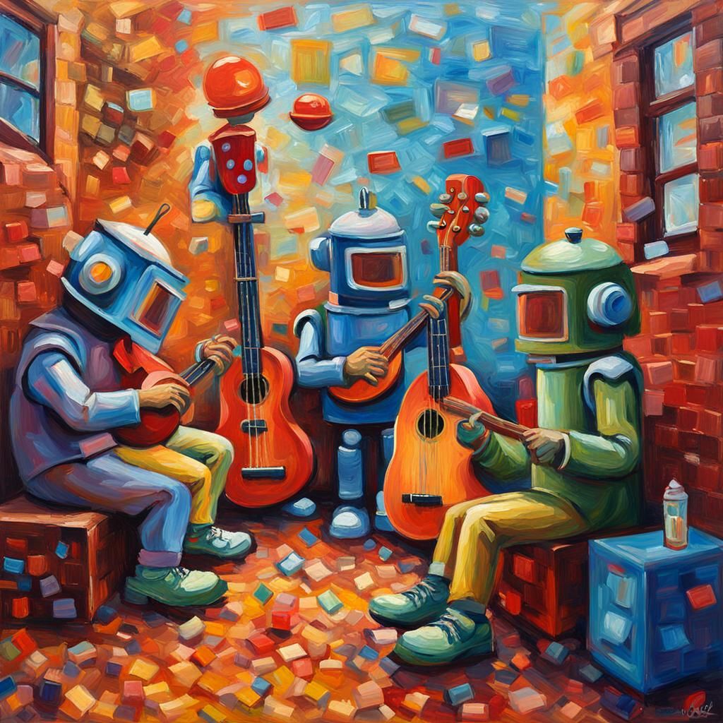 Robots' Lunch: A Neo-Impressionistic Oil Painting