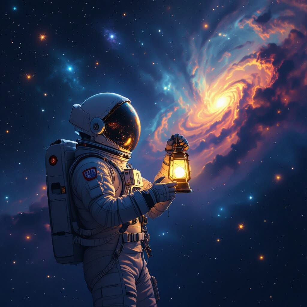 Astronaut Drifting in Space with Glowing Lantern
