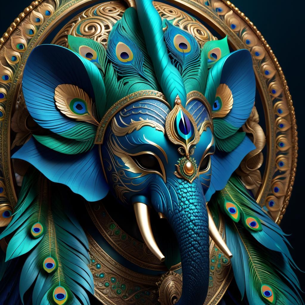 Peacock and Elephant Mask in Detailed Matte Painting