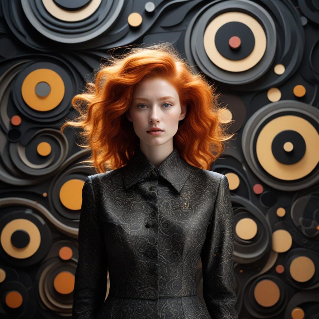 A statuesque woman with fiery ginger hair and a sly, cross-e...