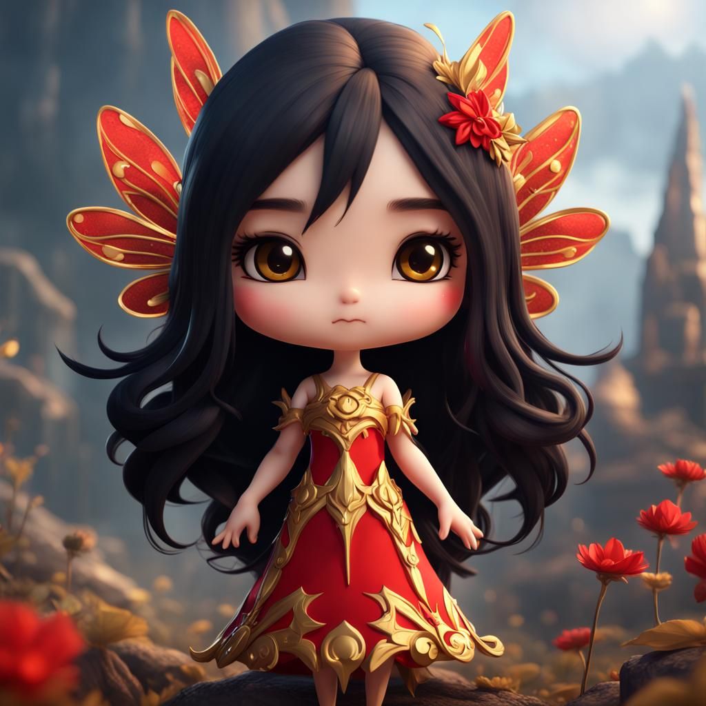Chibi Fairy in Red and Gold: Fantasy Art
