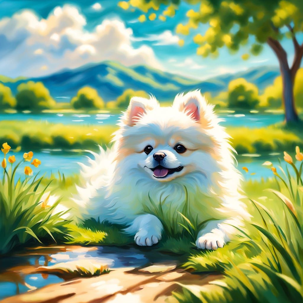 Pomeranian Puppy Playing by Lake in Impressionist Style