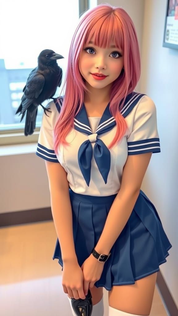 Hyperrealistic Selfie of Woman with Crow in Seifuku