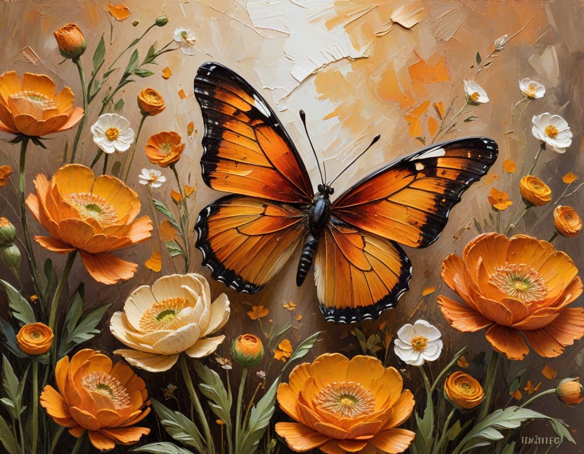 Butterfly over Flowers as Impasto Expressionist Painting