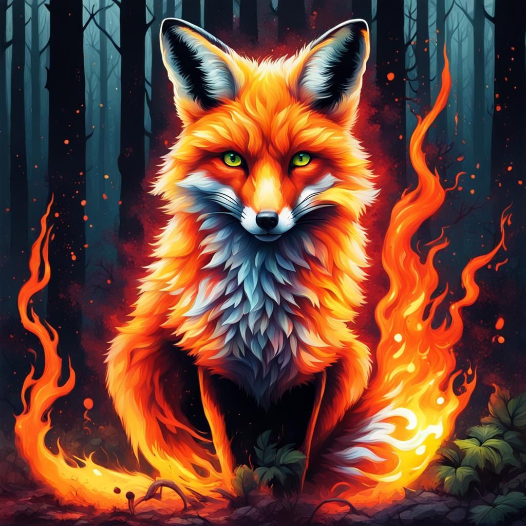 Fiery Fox Glowing in Forest: Graffiti Art Style