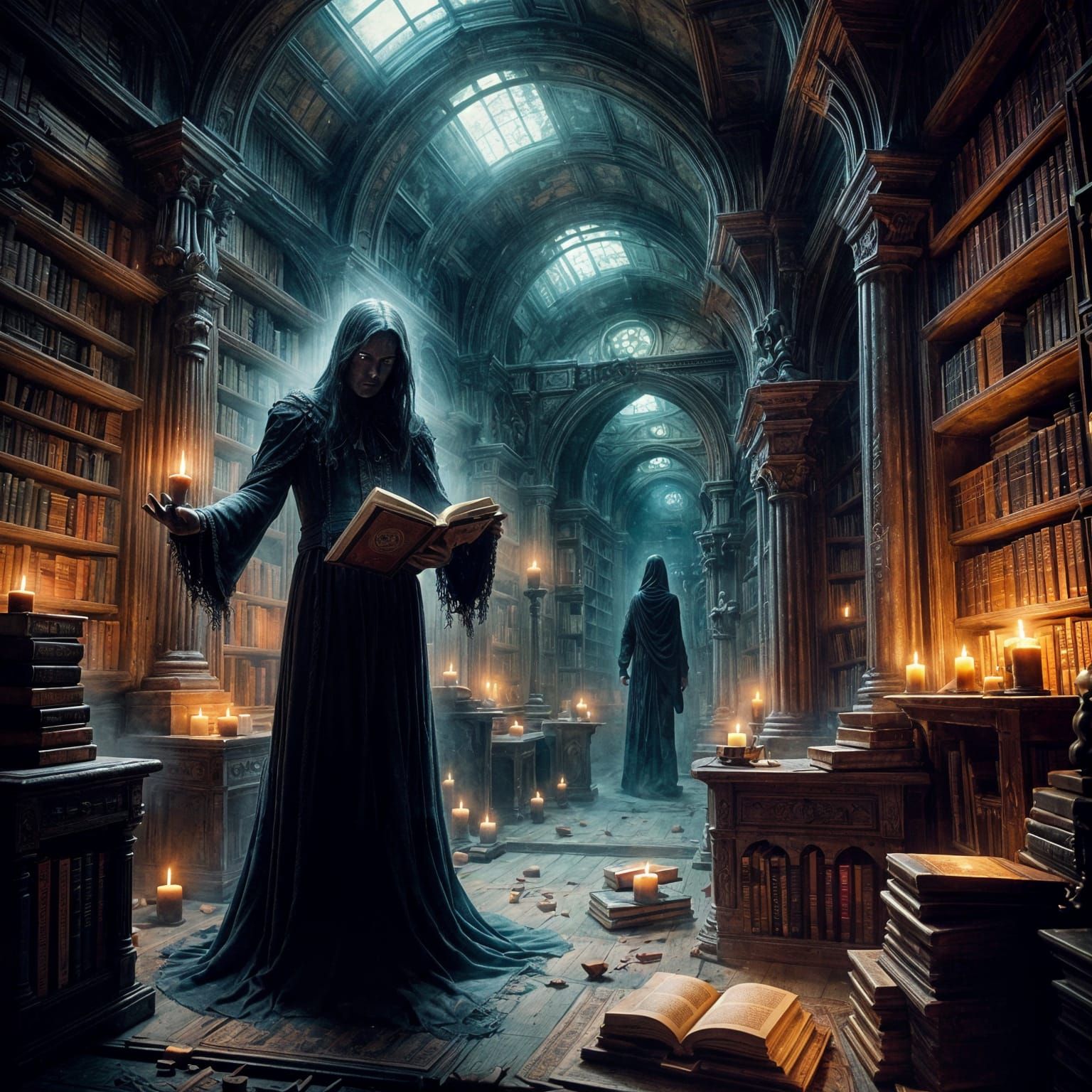 Haunted Library with Spectral Librarians in Dark Fantasy Sty...