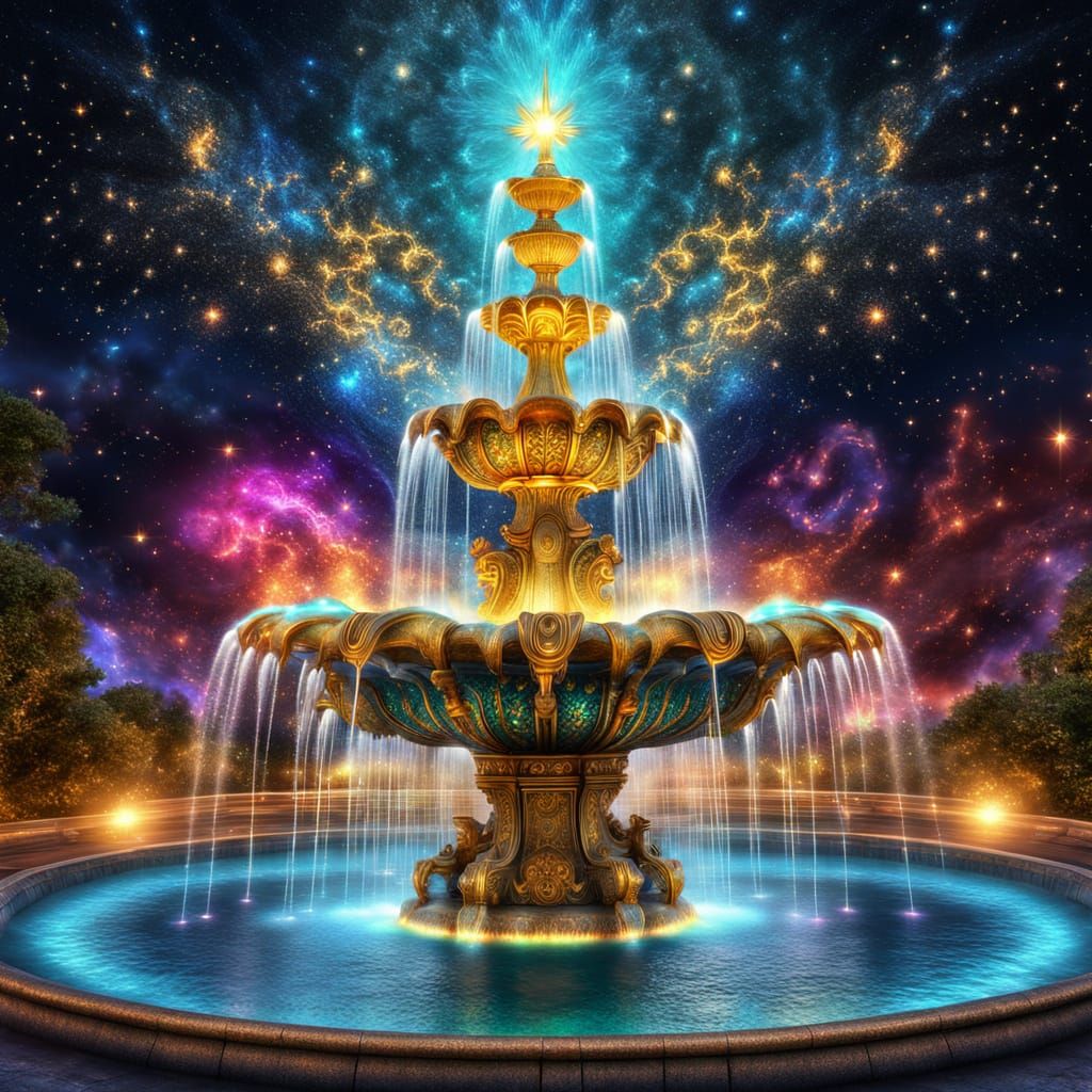 Surreal Fractal Fountain with Nebulae in Hyperrealism