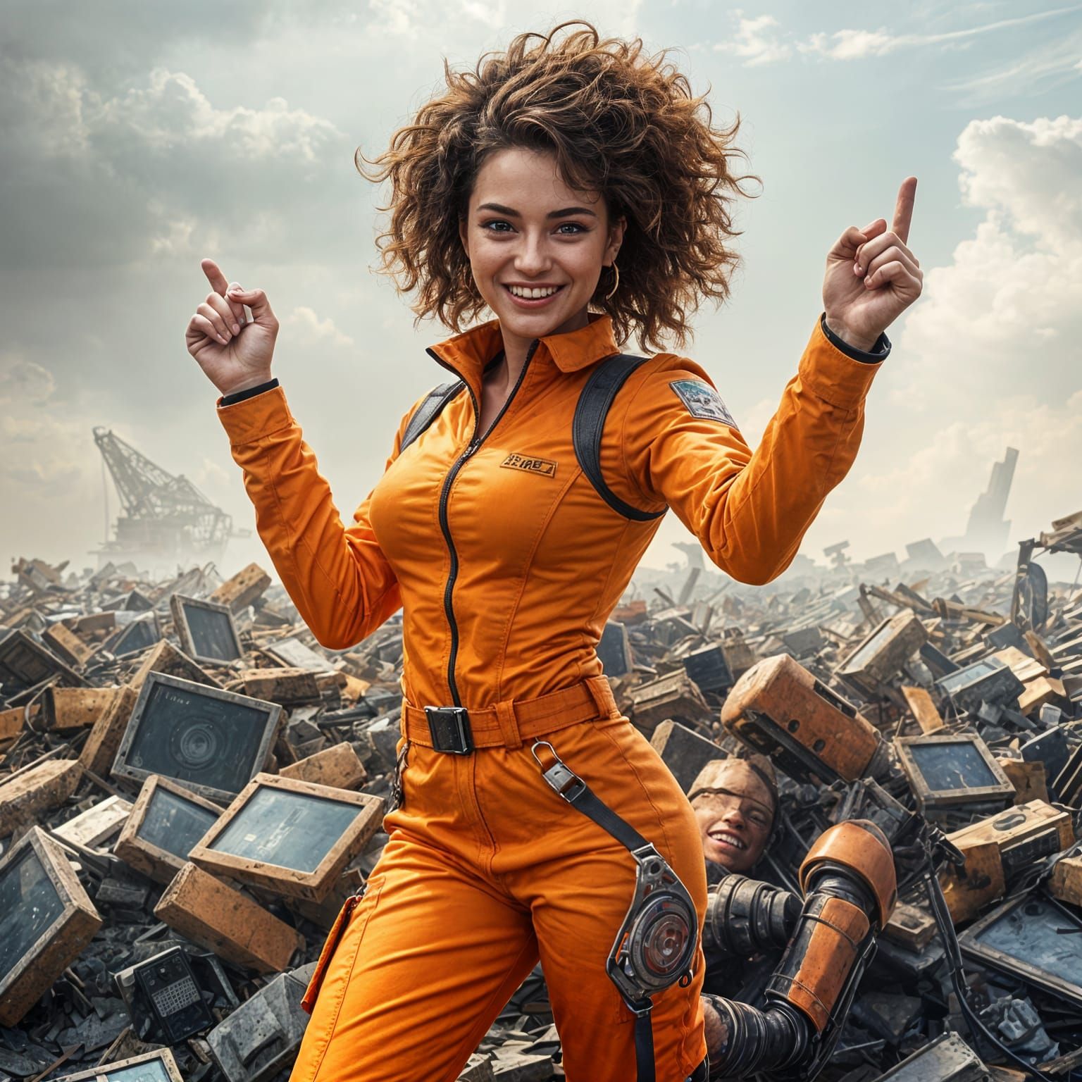 Woman Standing Amidst Ruins in a Cyberpunk Landscape