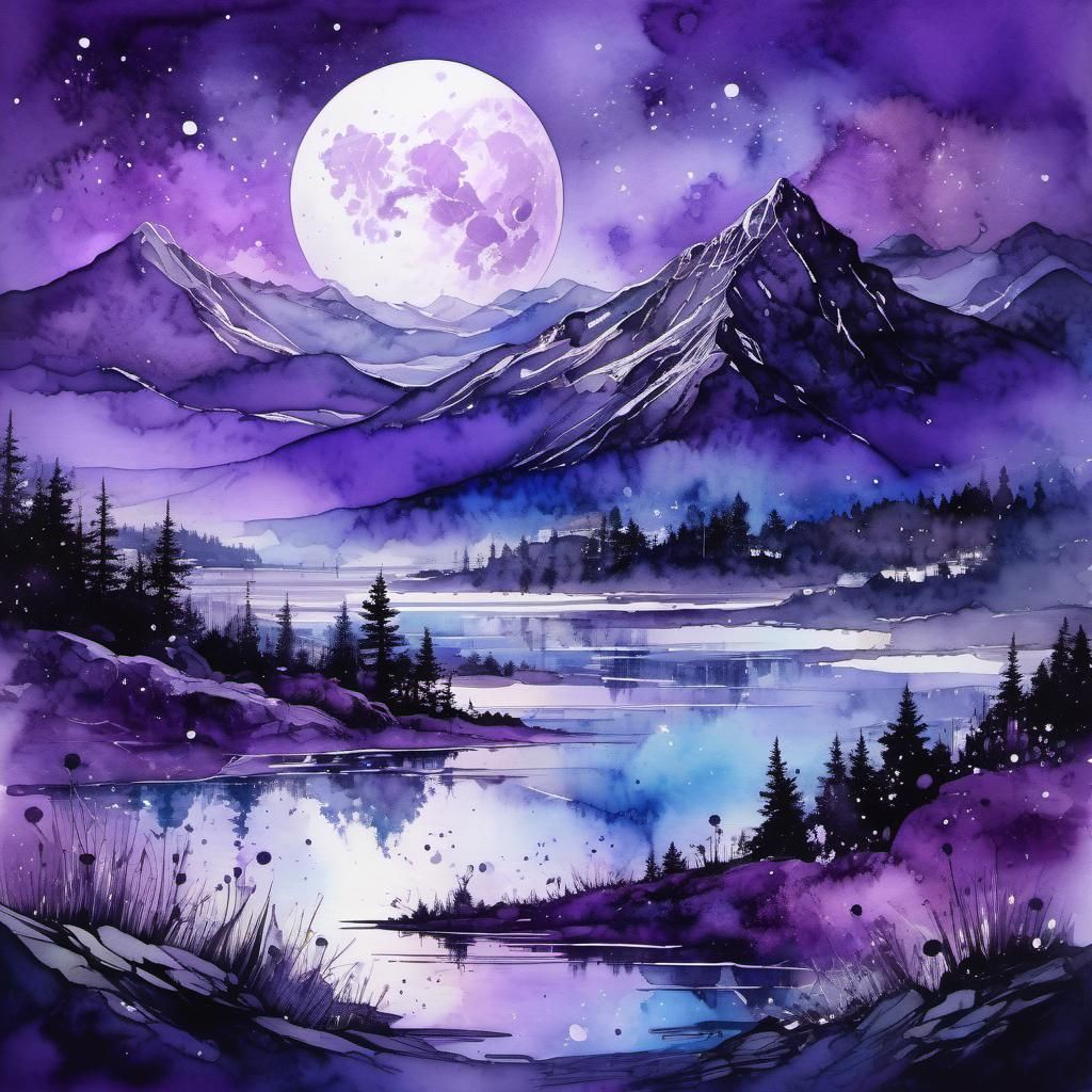 Purple Watercolor and Ink Masterpiece in Moonlight