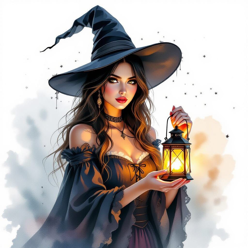 Halloween Witch Holding Lantern in Watercolor Style