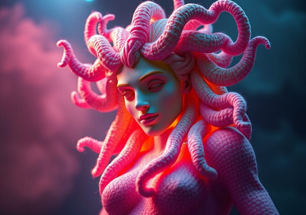 A vibrant, intricately detailed woolen Medusa statue, blendi...